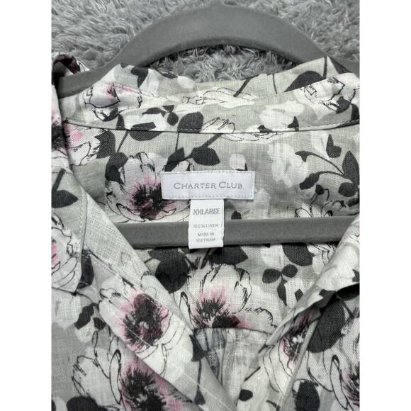 Charter Club Womens Linen XXL Black Pink Gray Floral Button Up NWT Roll Tab NEW - Picture 5 of 10